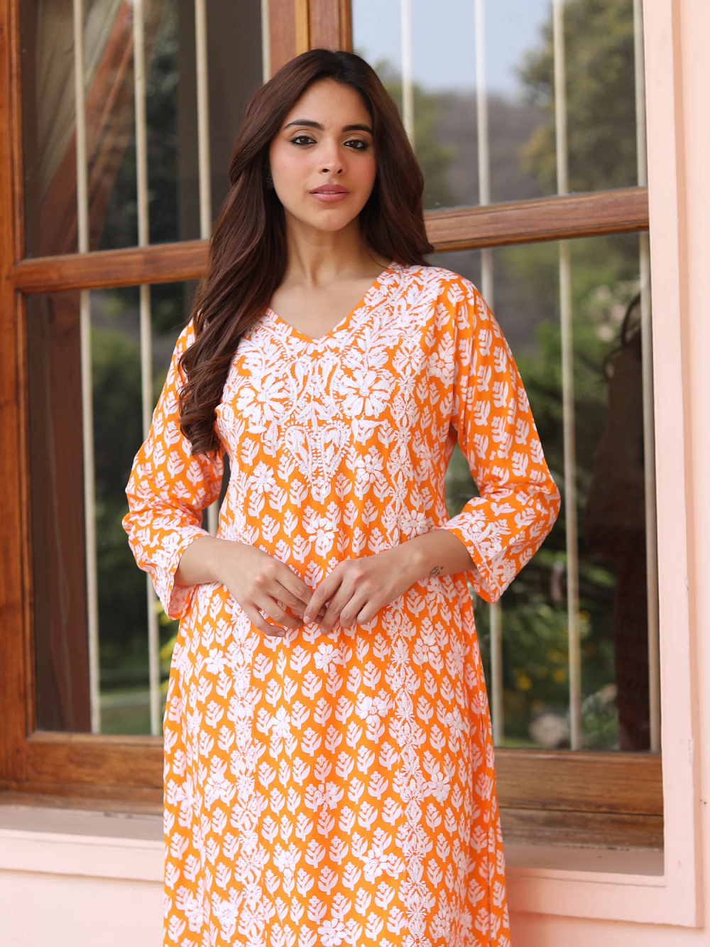 Chikankari Kurta in Muslin - Orange