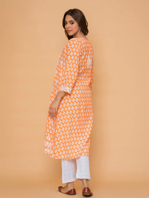 Chikankari Kurta in Muslin - Orange