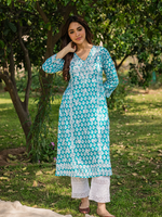 Chikankari Kurta in Mul cotton in Hot blue