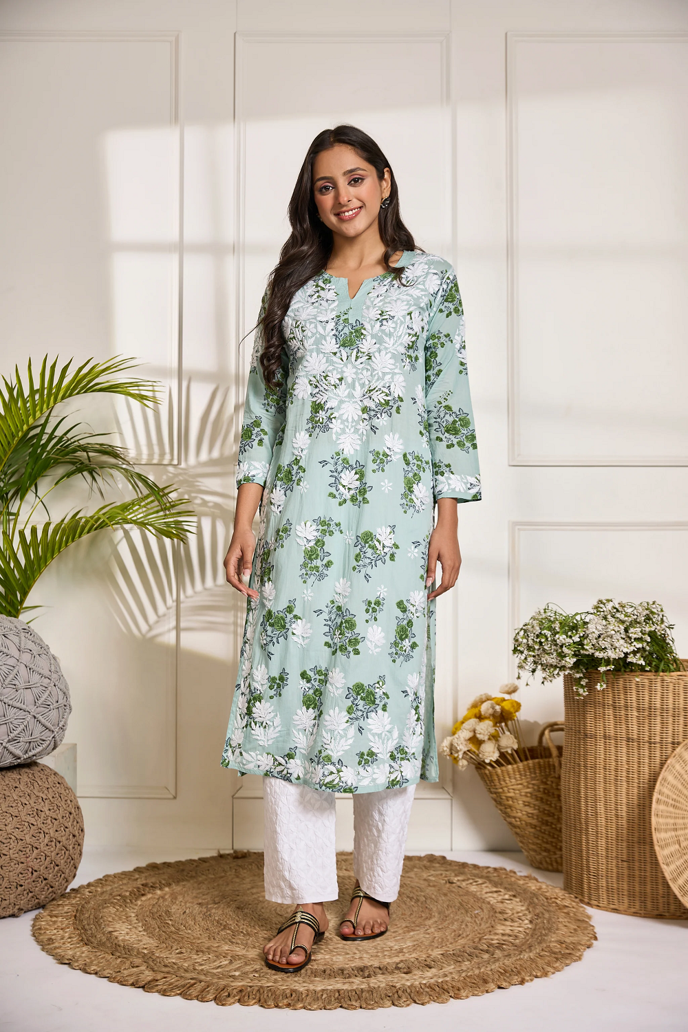 Chikankari Kurta in Mul cotton in Mint Green