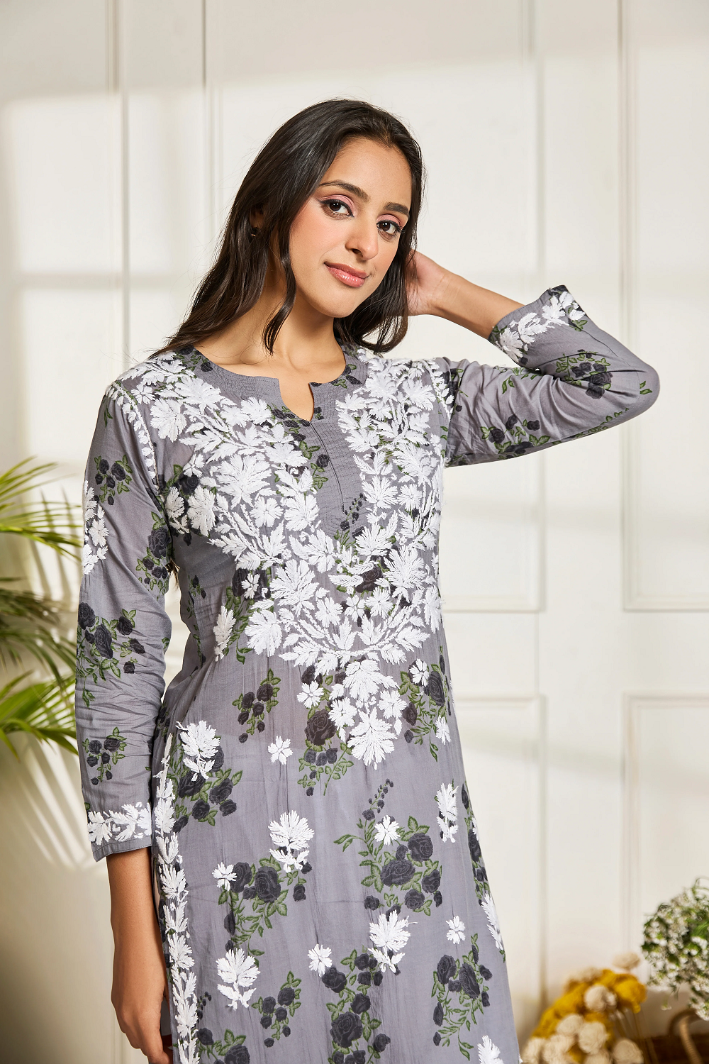 Chikankari Kurta Setin Mul cotton in Grey print