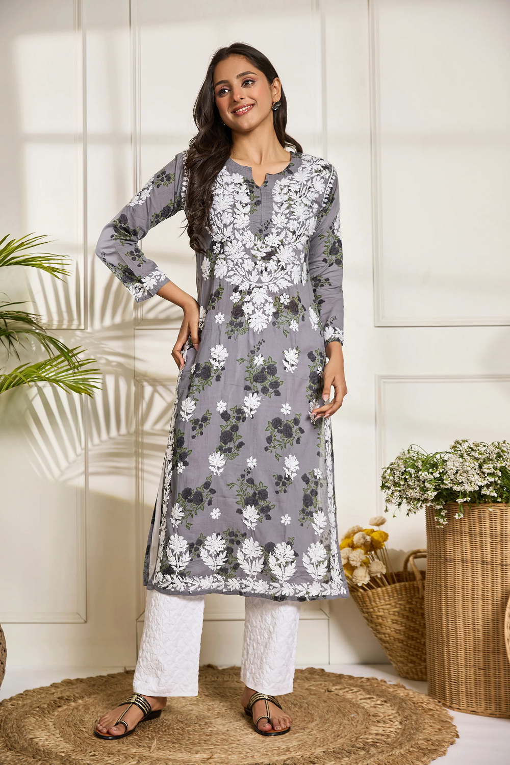 Chikankari Kurta Setin Mul cotton in Grey print