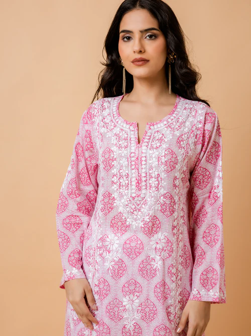 Chikankari Kurta Setin Mul cotton in Pink Print