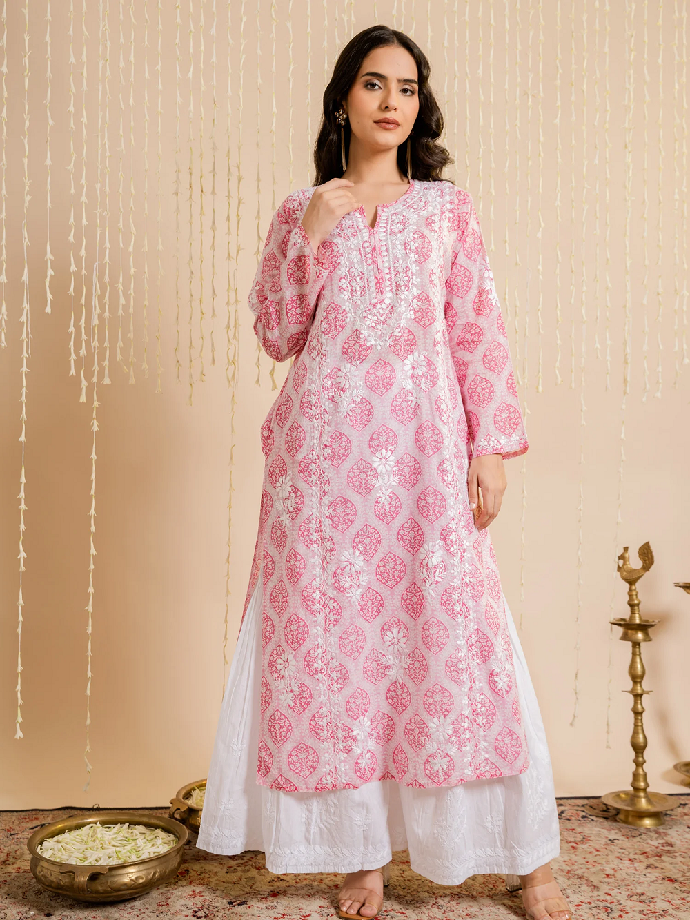 Chikankari Kurta Setin Mul cotton in Pink Print