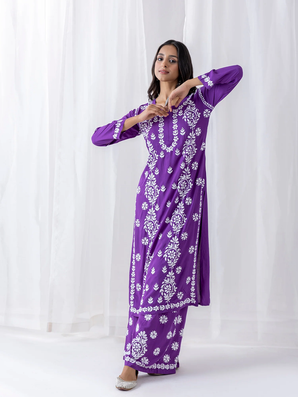 chikankari Kurta setin Modal cotton with Notch Neck Purple