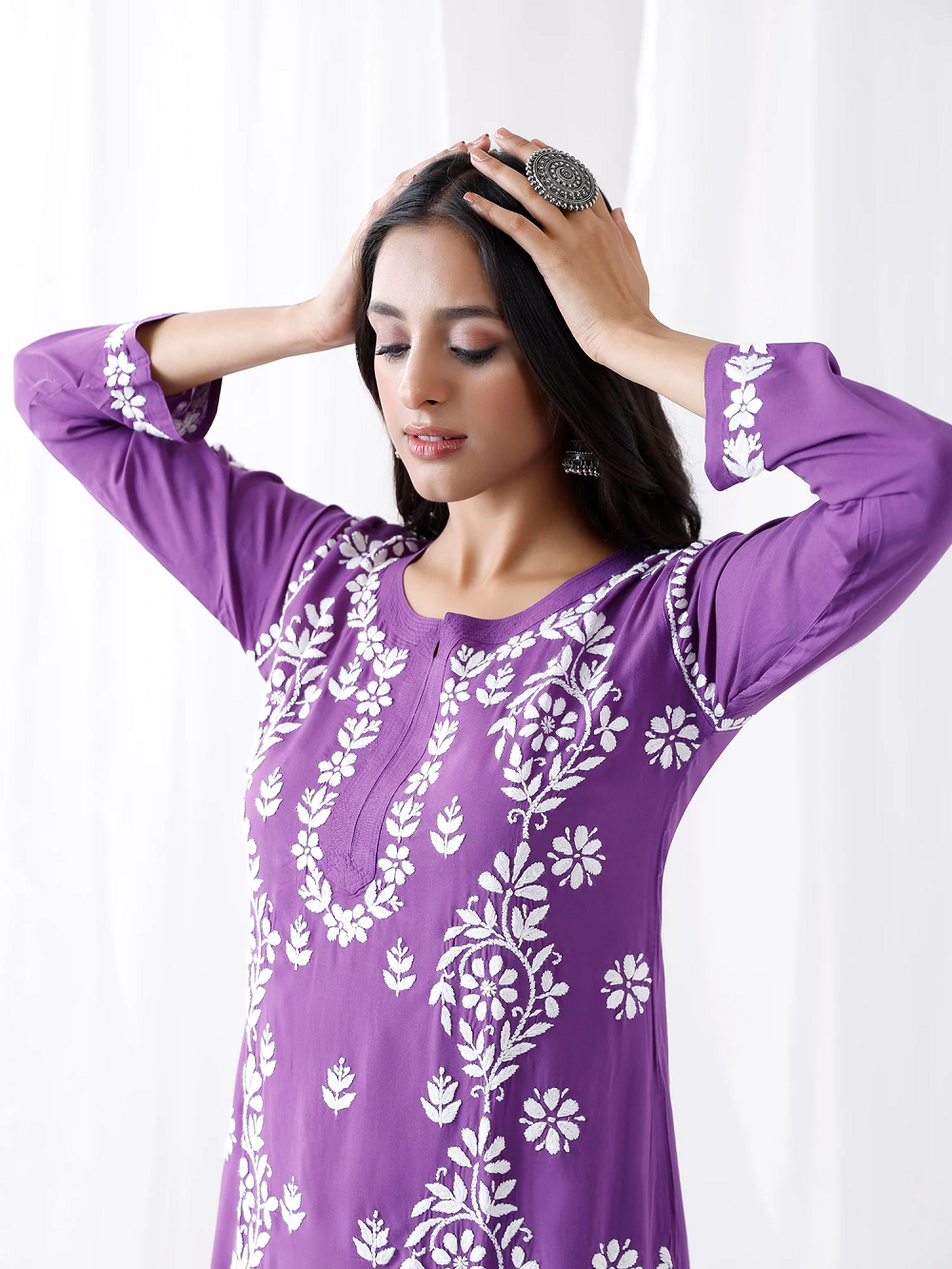 chikankari Kurta setin Modal cotton with Notch Neck Purple