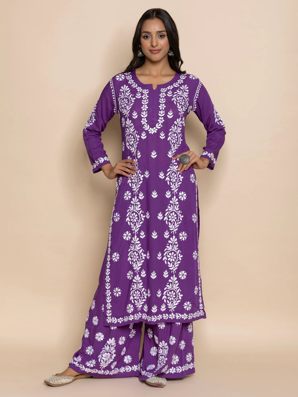 chikankari Kurta setin Modal cotton with Notch Neck Purple