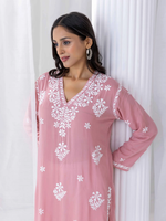 Chikankari Long Kurta Set in Modal Cotton for Women in Pink