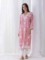 Chikankari Long Kurta Set in Modal Cotton for Women in Pink