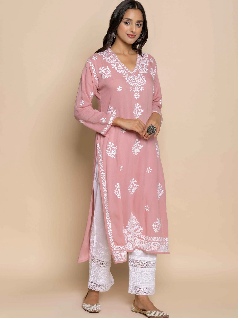 Chikankari Long Kurta Set in Modal Cotton for Women in Pink