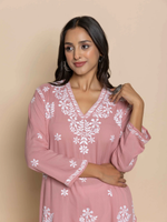 Chikankari Long Kurta Set in Modal Cotton for Women in Pink