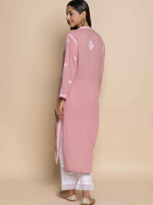 Chikankari Long Kurta Set in Modal Cotton for Women in Pink