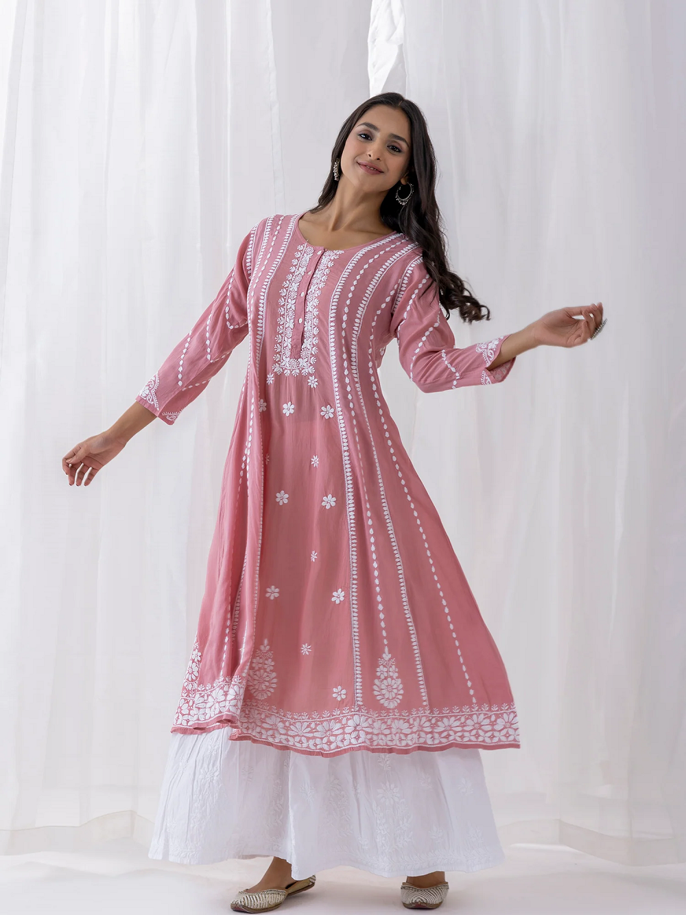 Pink Modal Chikankari Kurta Set