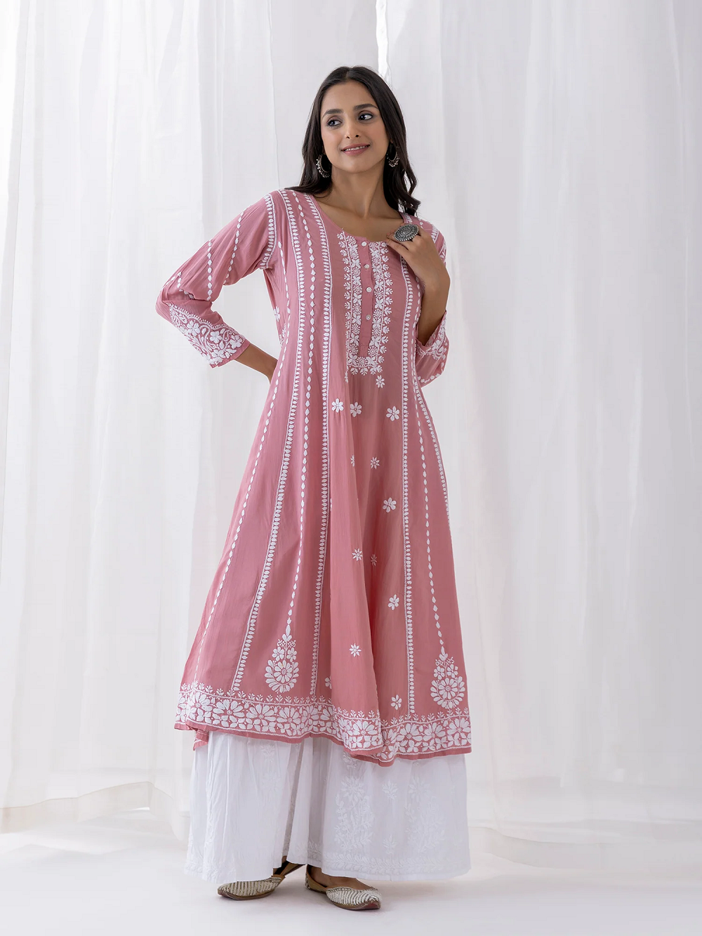 Pink Modal Chikankari Kurta Set