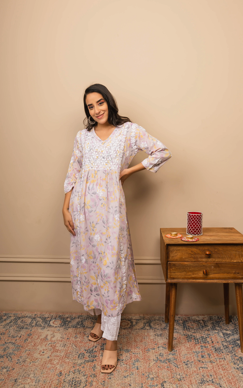 Chikankari Long Kurta Set in Mul Cotton for Women- Purple Print