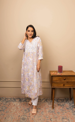 Chikankari Long Kurta Set in Mul Cotton for Women- Purple Print