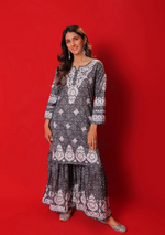 Chikankari Printed Women's 2 PC Short Kurta Set with Gharara - Grey