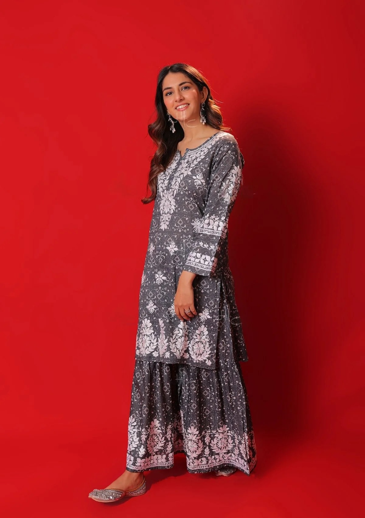 Chikankari Printed Women's 2 PC Short Kurta Set with Gharara - Grey