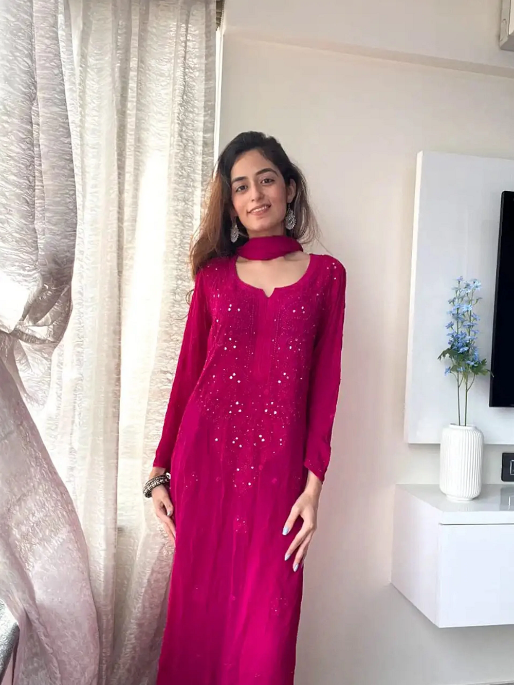 Vibrant Pink Chikankari Kurta Set