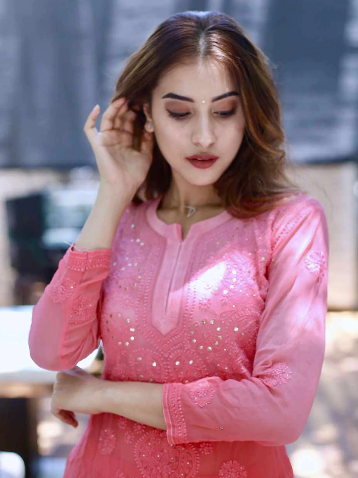 Conch Shell Pink Ombré Chikankari Kurta Set