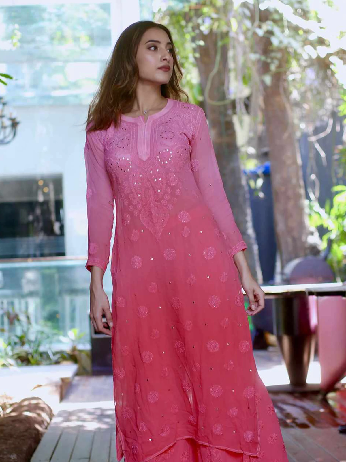 Conch Shell Pink Ombré Chikankari Kurta Set