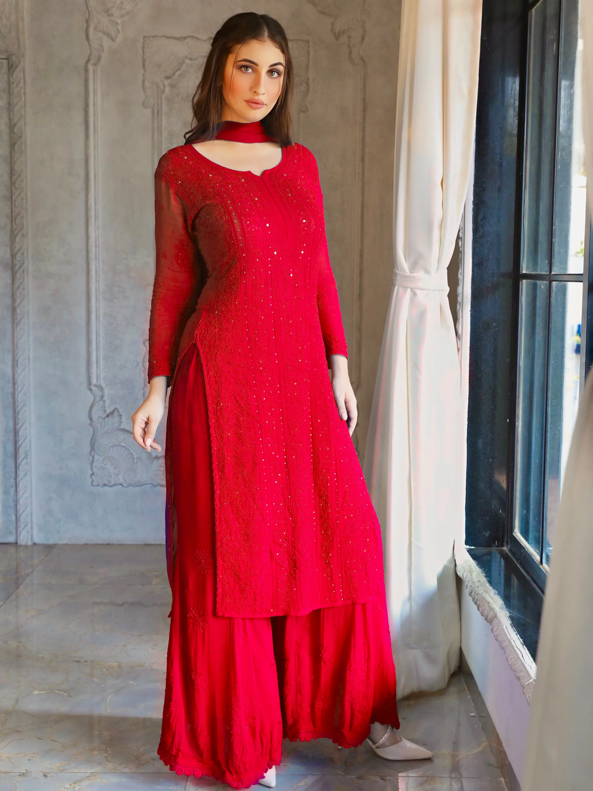 Red Full Sleeves Chikankari Kurta Set