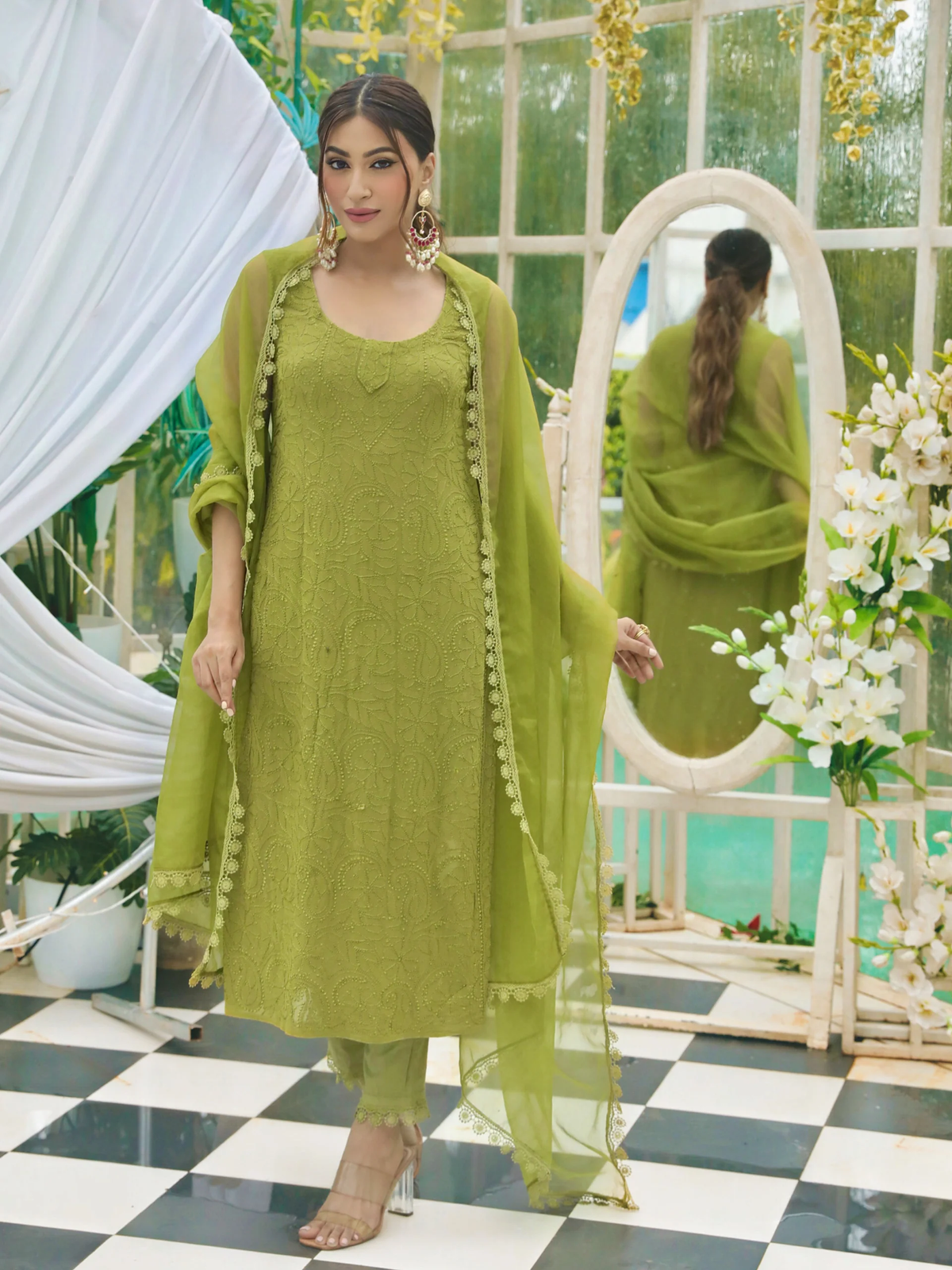 Olive Blossom Chikankari Sleeveless Kurta Set