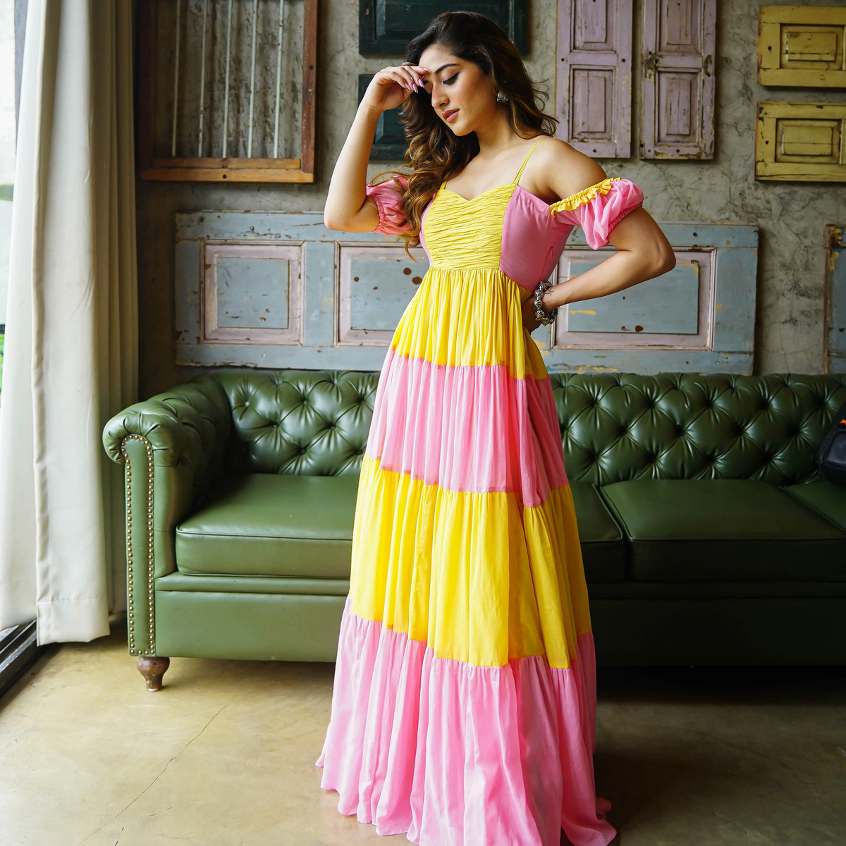 AMELIA PINK YELLOW MAXI GOWN