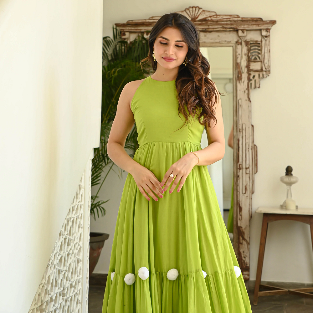 PARROT GREEN POMPOM DRESS