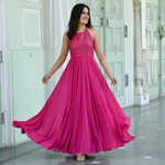 Pink mirror work designer georgette dress for women