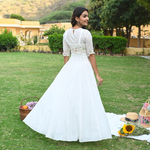 White round neck embroidered cotton dress for women