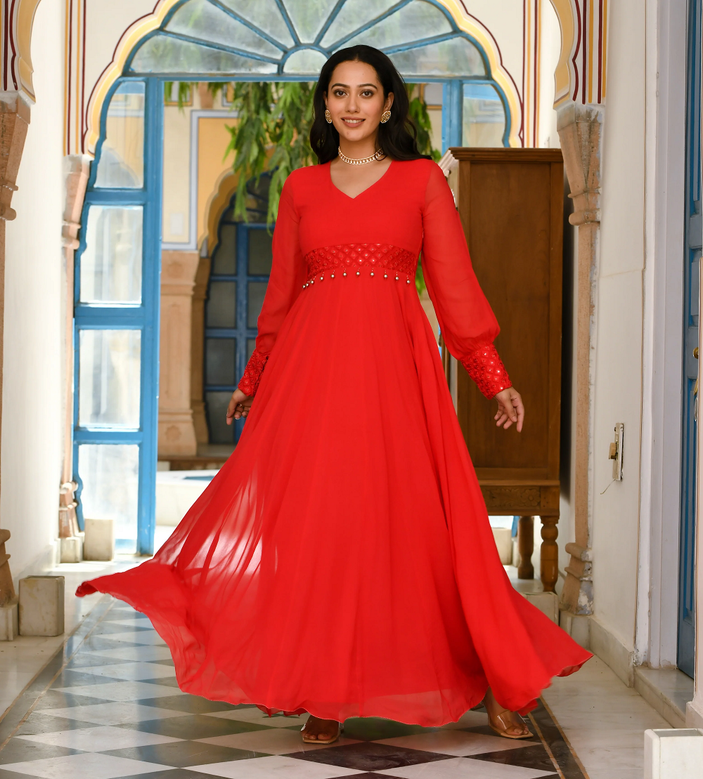 Red georgette designer indowestern dress for women