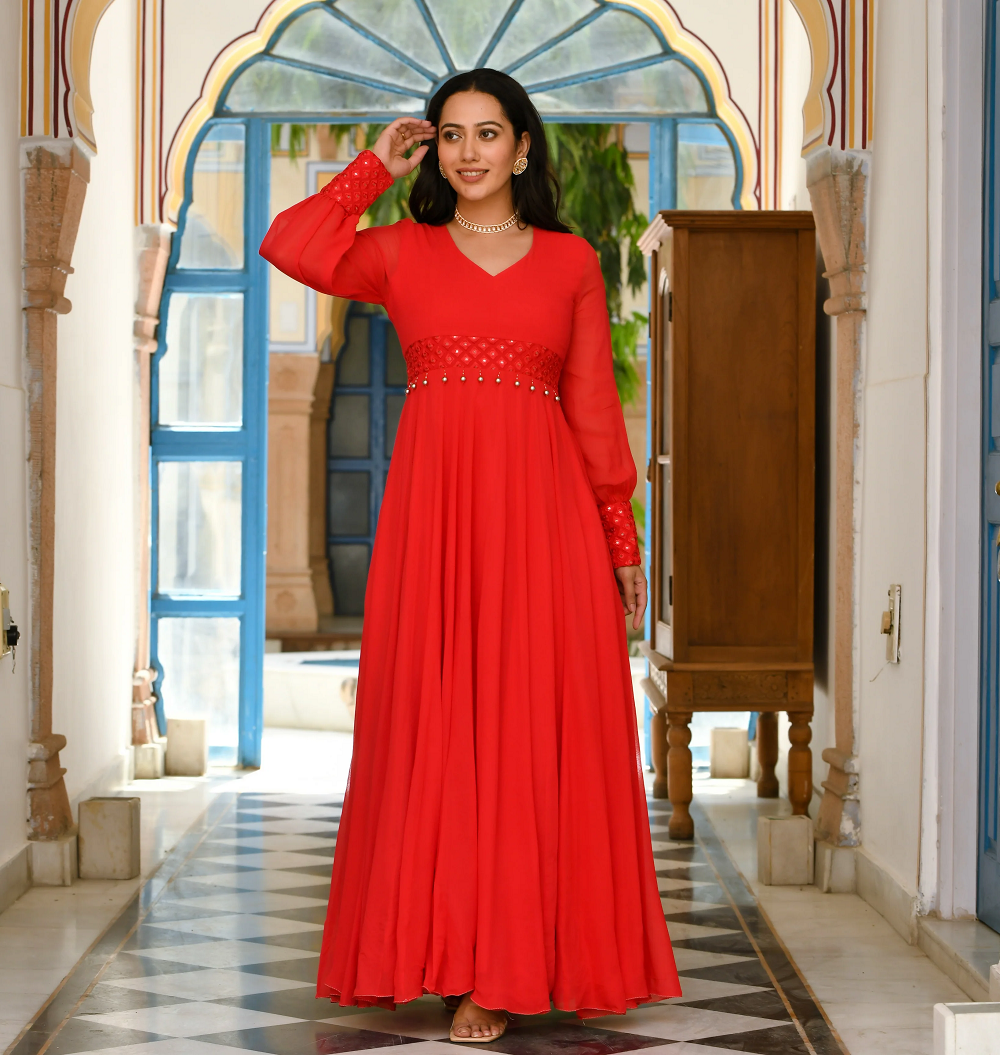 Red georgette designer indowestern dress for women