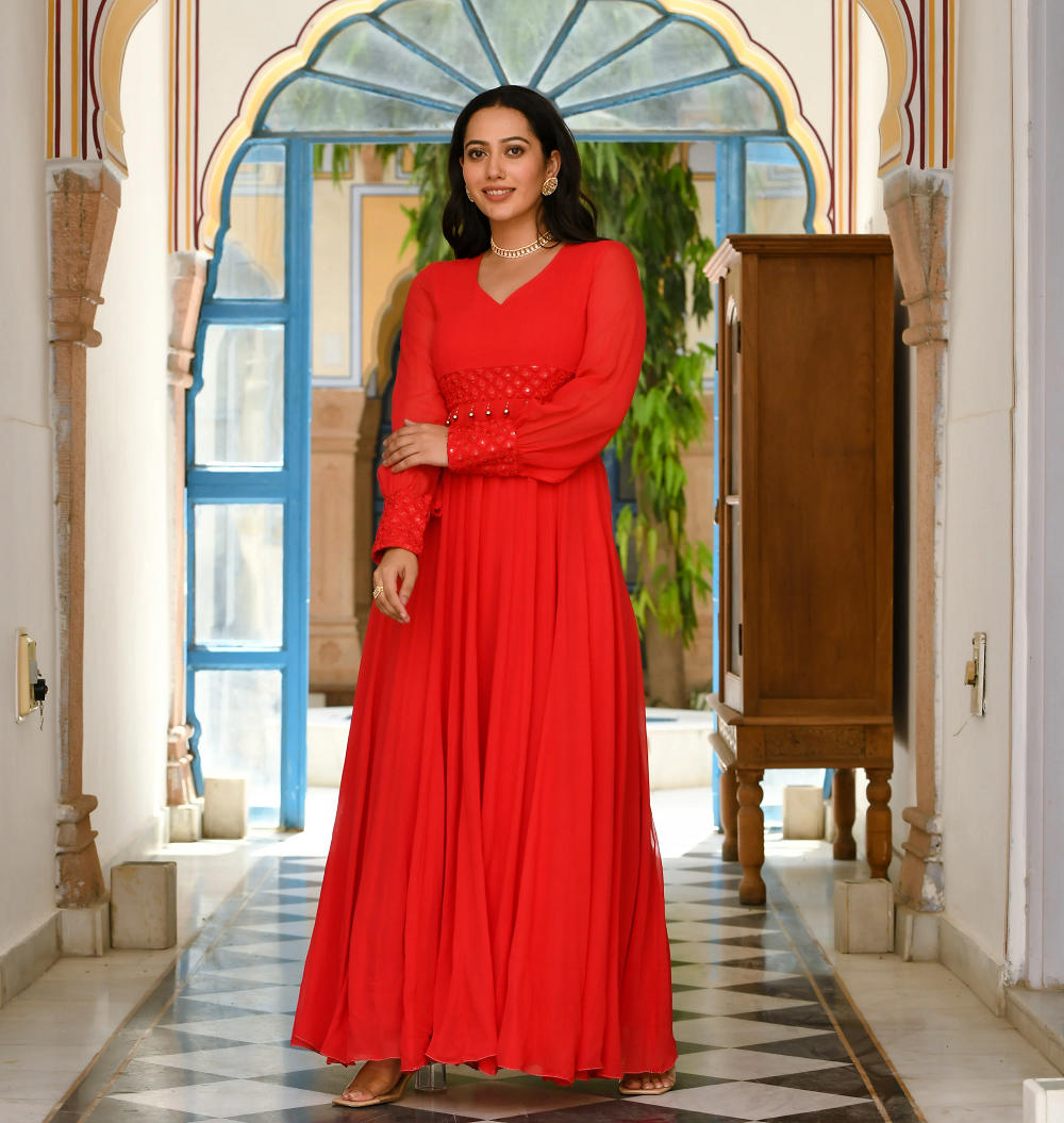 Red georgette designer indowestern dress for women