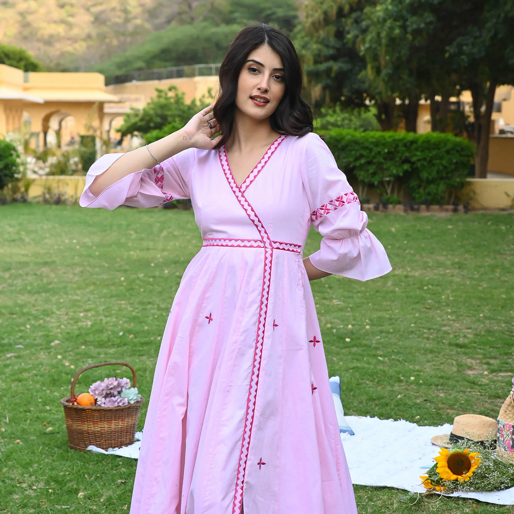 Cherry blossom pink designer cotton ethnic dress for women