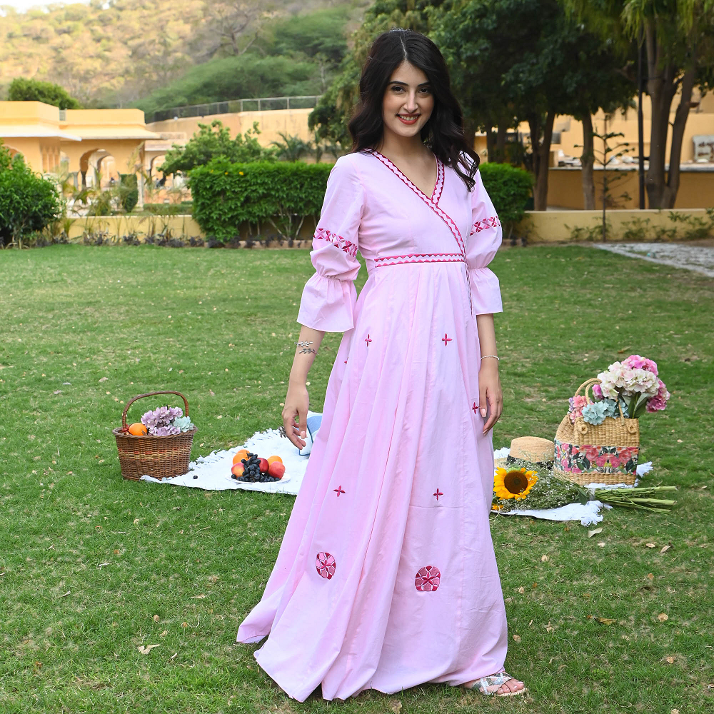 Cherry blossom pink designer cotton ethnic dress for women