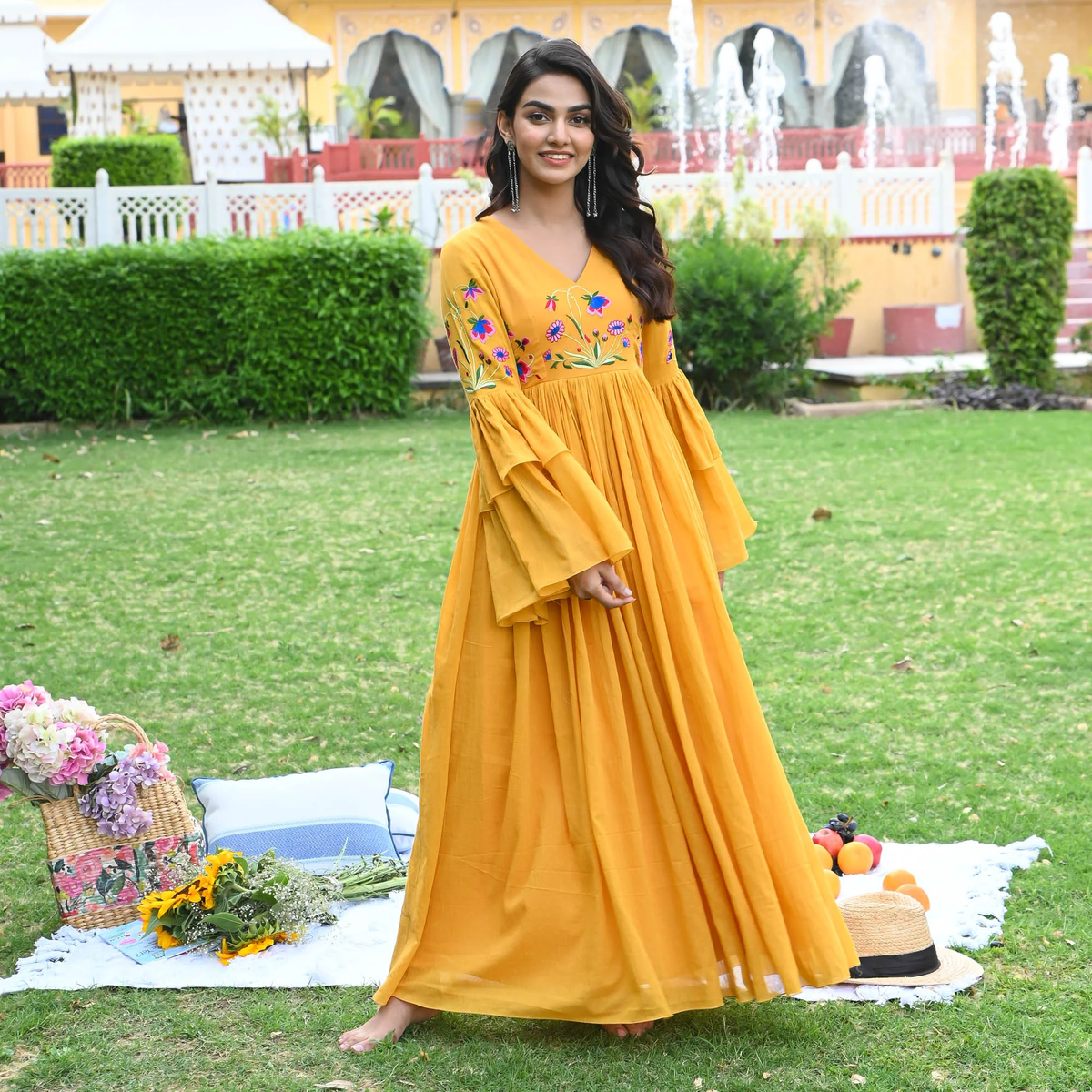 Poppy yellow v-neck full sleeve embroidered dress for women