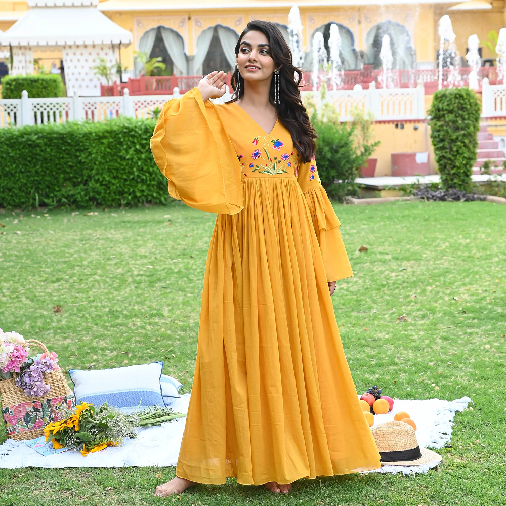 Poppy yellow v-neck full sleeve embroidered dress for women