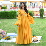 Poppy yellow v-neck full sleeve embroidered dress for women