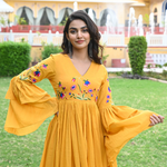 Poppy yellow v-neck full sleeve embroidered dress for women