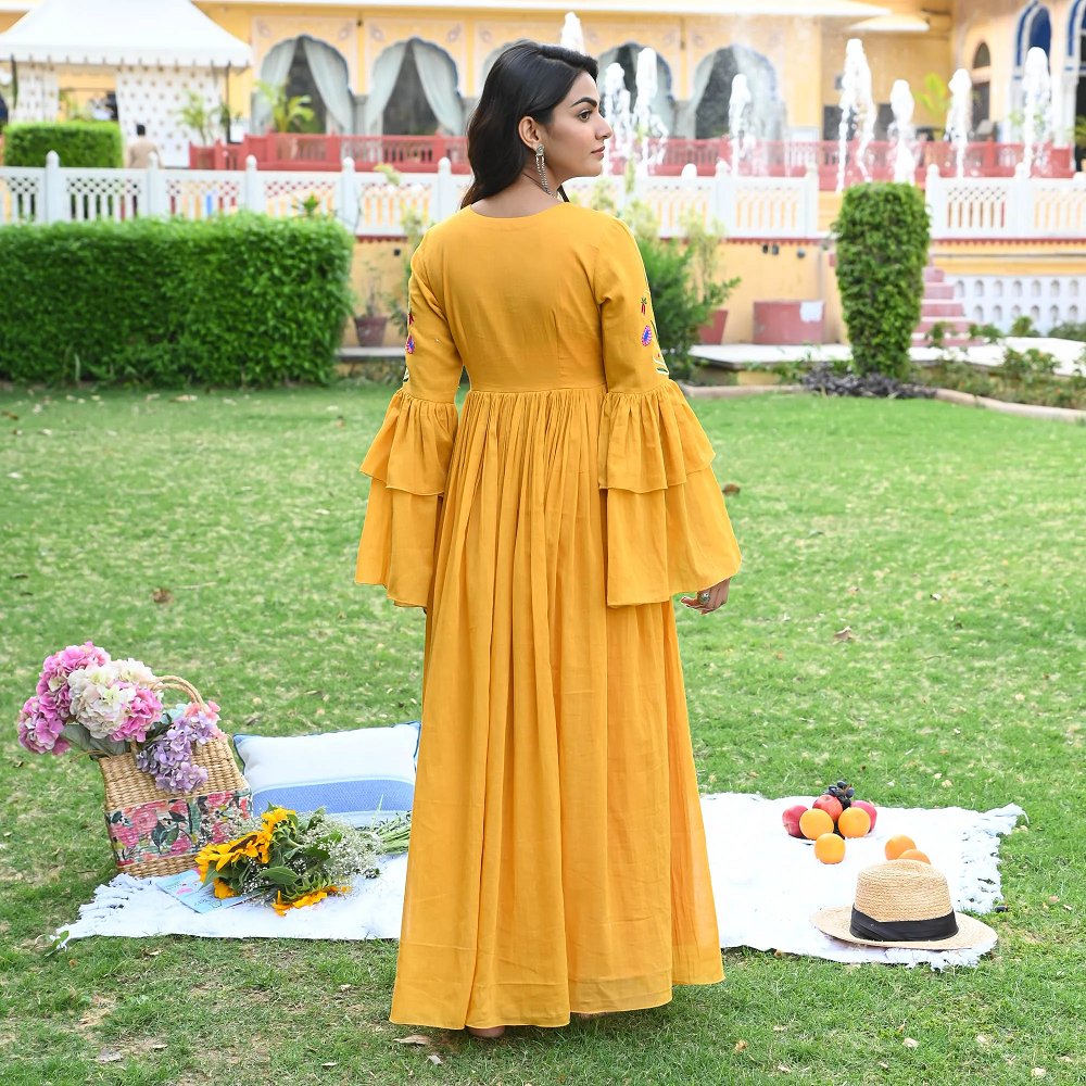 Poppy yellow v-neck full sleeve embroidered dress for women