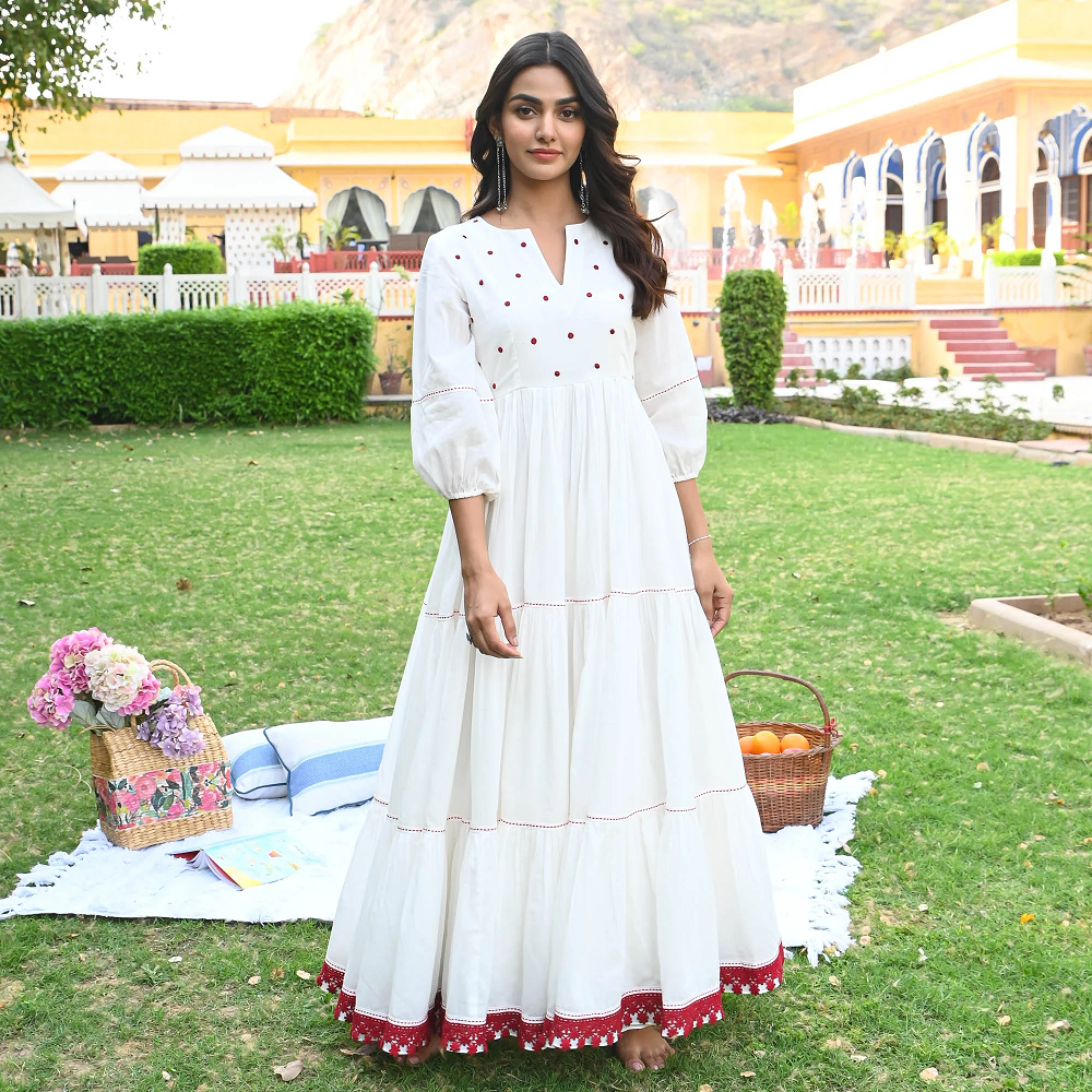 Raving red embroidered white cotton dress for women