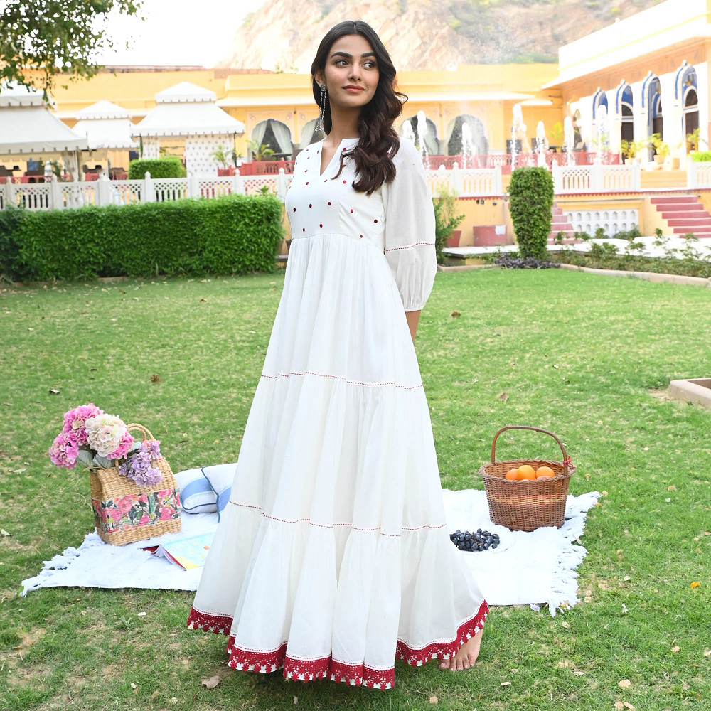 Raving red embroidered white cotton dress for women