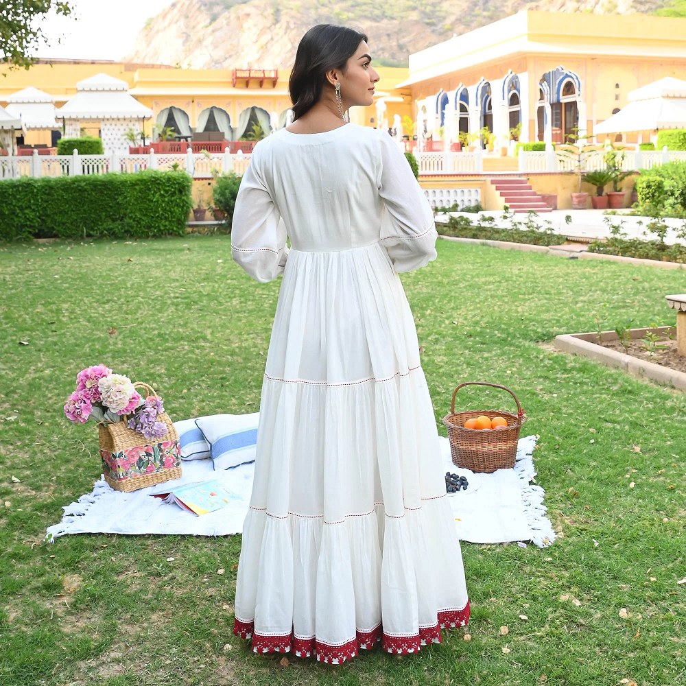 Raving red embroidered white cotton dress for women