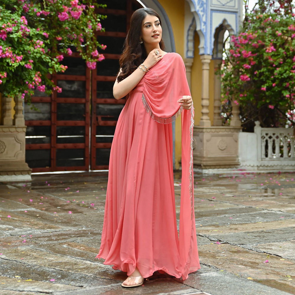 Pink cut sleeves designer indowestern dress for women