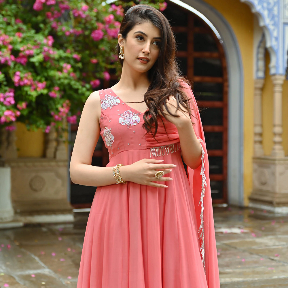 Pink cut sleeves designer indowestern dress for women