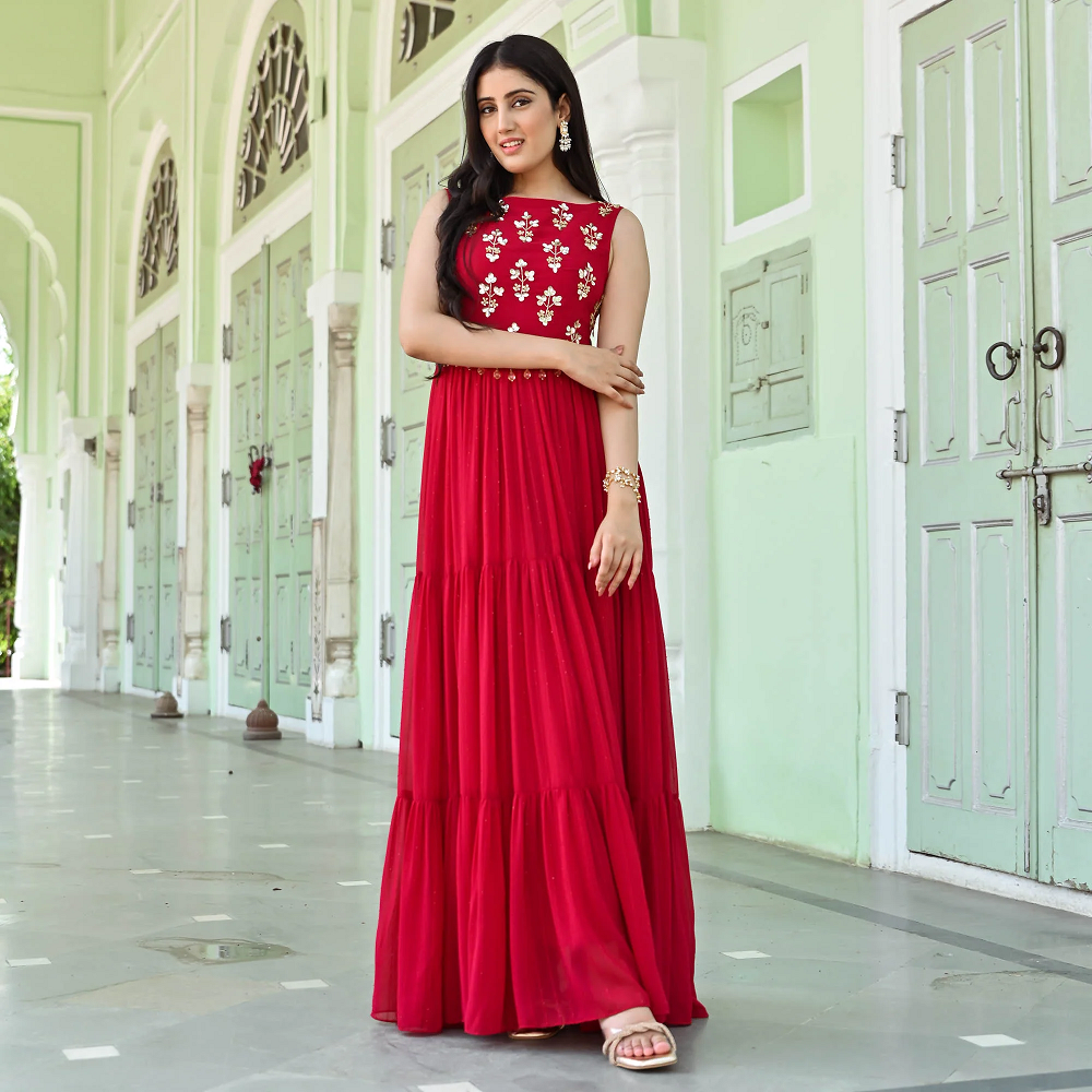 Red designer georgette sequin dress for women