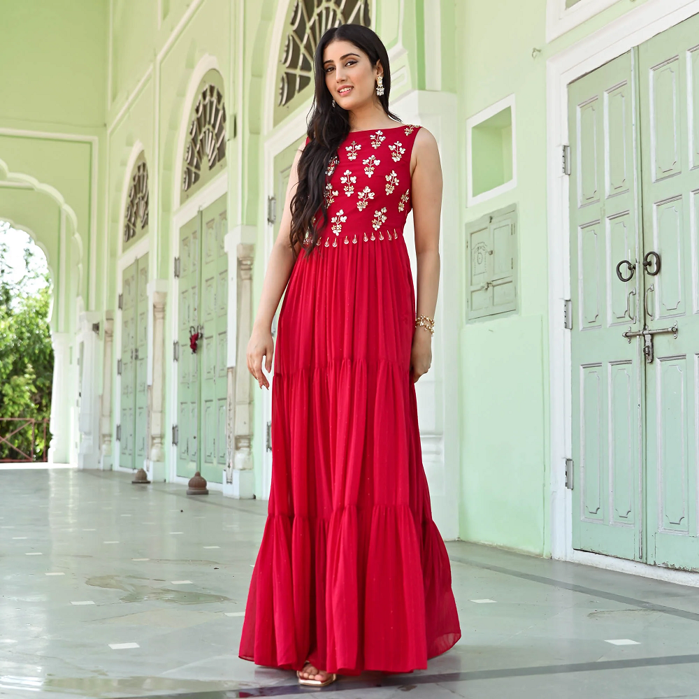 Red designer georgette sequin dress for women