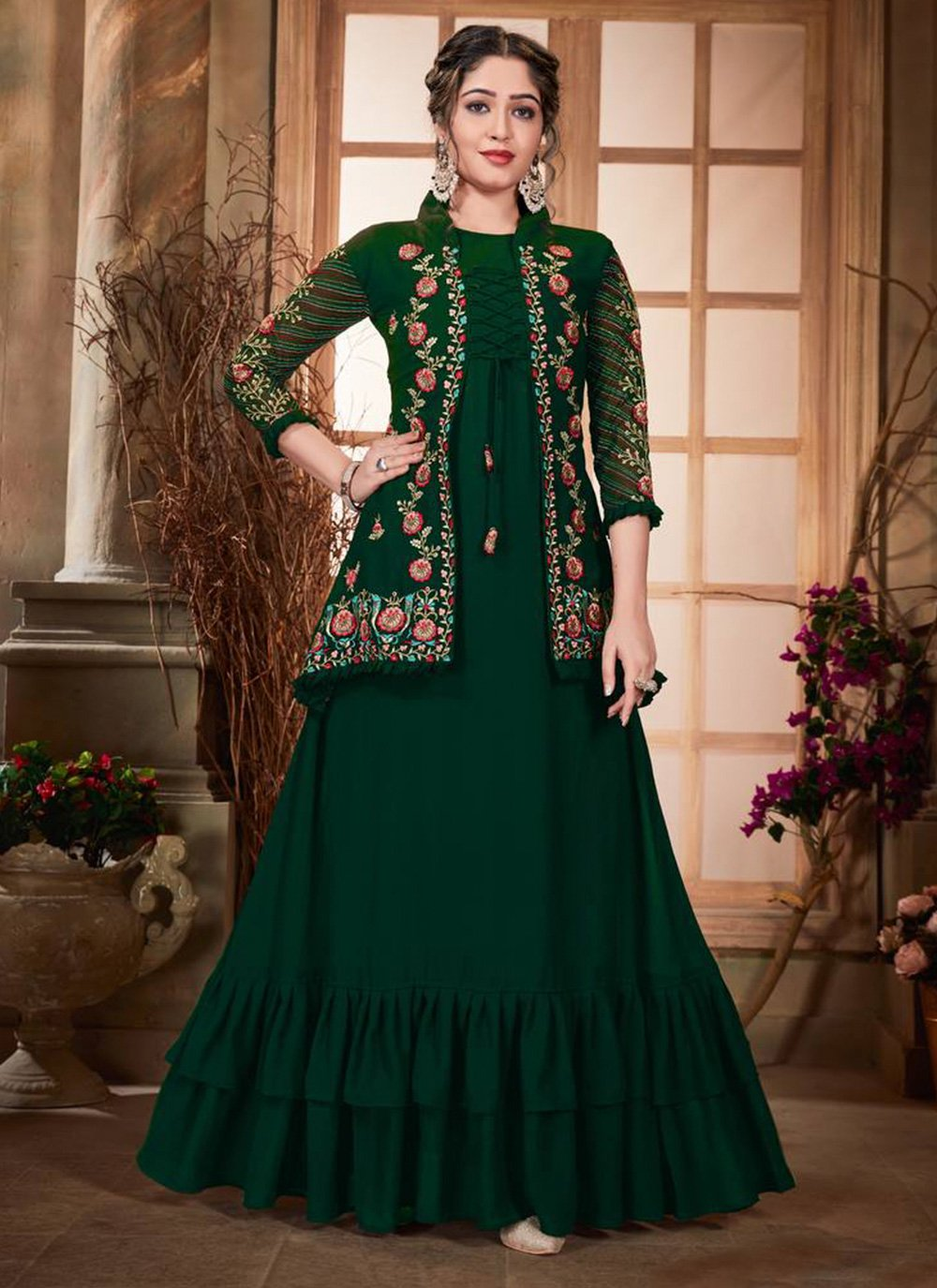 Green Georgette Designer Jacket Style Gown