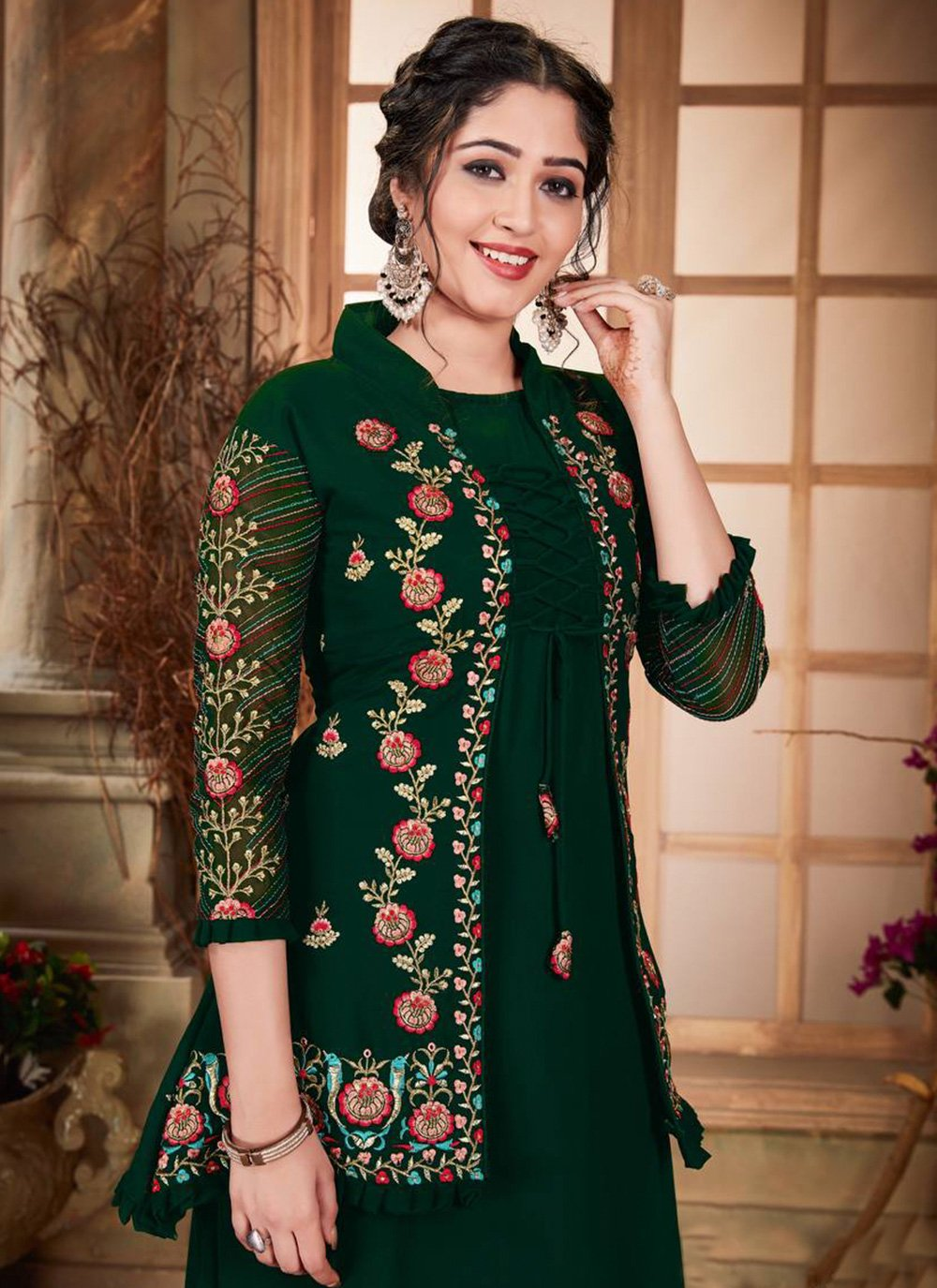 Green Georgette Designer Jacket Style Gown